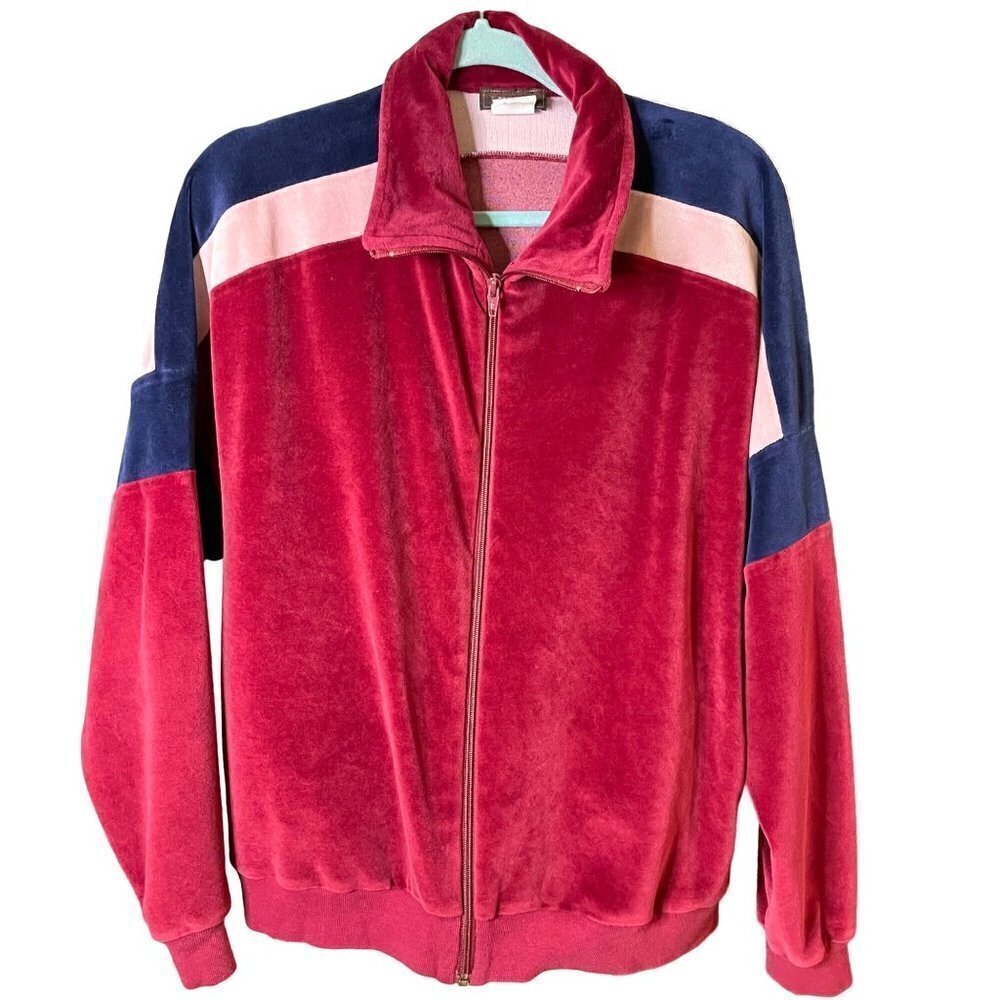 I. Magnin Mens Velour Jacket Size Medium Vintage Track Striped Zipper Front